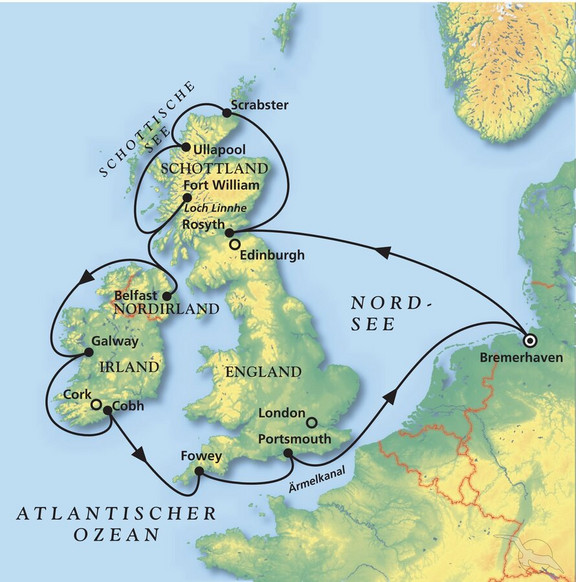 Sommertörn rund um die Britischen Inseln Routenbild