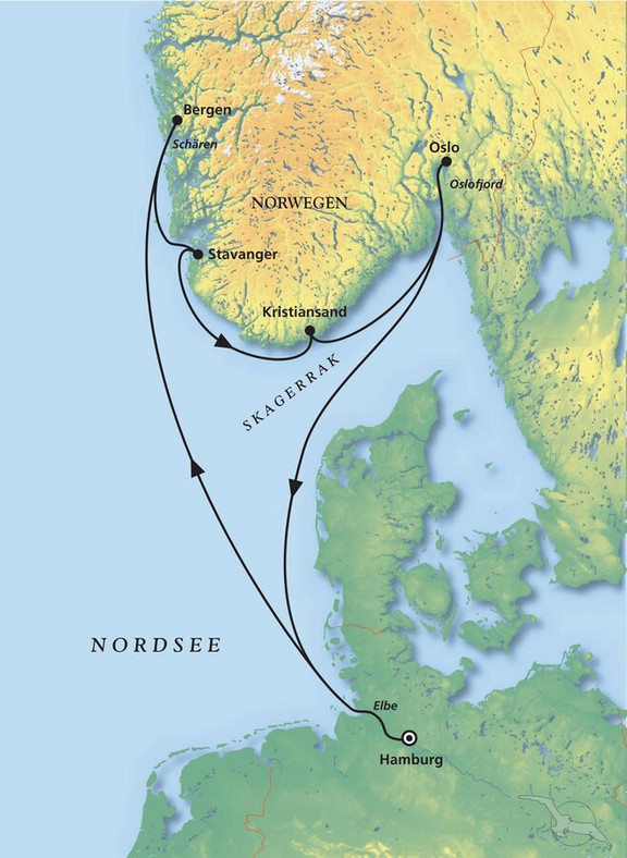 ALV007 Advents - Auslese im Süden Norwegens - Krreuzfahrt mit MS Alvara Routenbild
