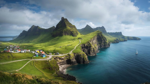 Landschaft mit bunten Häusern auf den Färöer Inseln