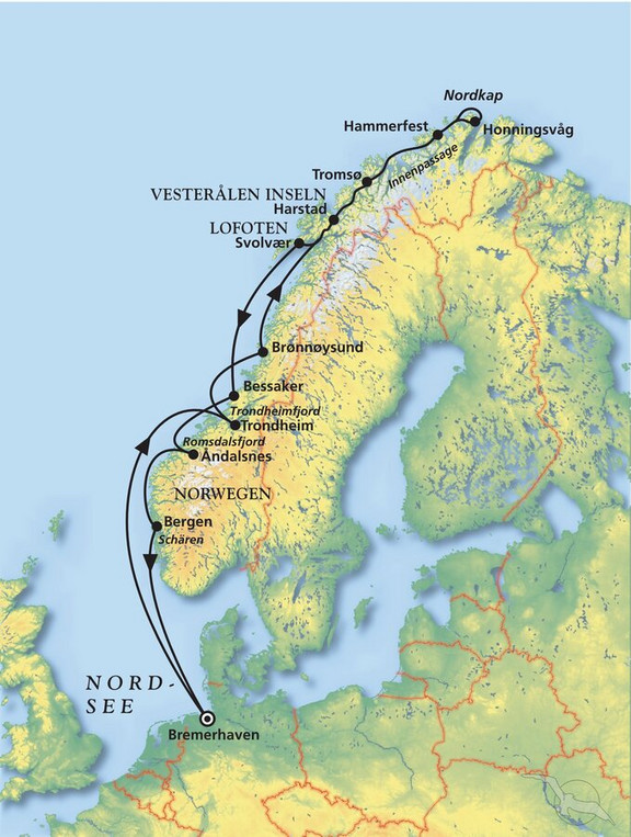 Über dem Polarkreis auf den Spuren der Postschiffe Routenbild