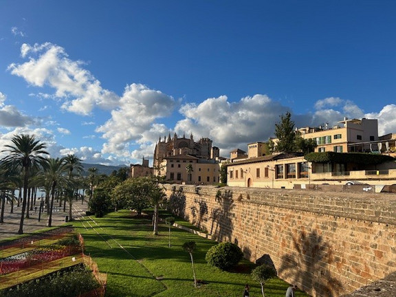 Stadtmauer und Blick auf die Kathedrale von Palma de Mallorca